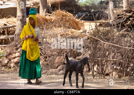 Donna indiana con capra a farm smallholding al villaggio Kutalpura nel Rajasthan, India settentrionale Foto Stock