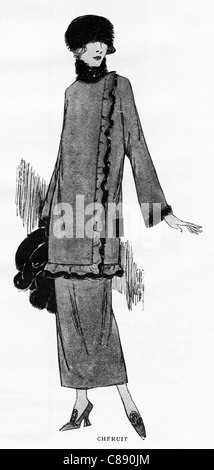 Illustrazione Moda circa 1922. Vestito di verde zibeline rifilato con pony nero pelle da designer Chéruit Madeleine (morto nel 1935) Foto Stock