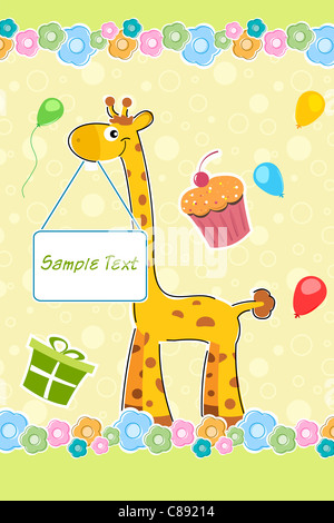 Illustrazione della giraffa con il campione di testo sulla scheda Sfondo compleanno Foto Stock
