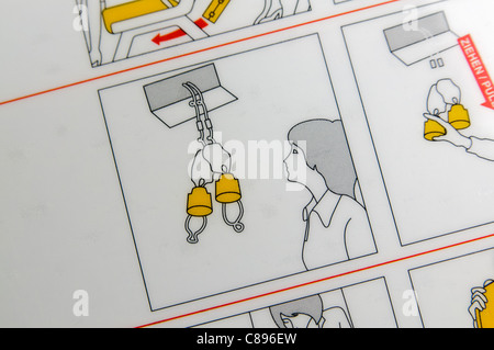Primo piano di una compagnia aerea scheda di sicurezza che mostra come utilizzare l'ossigeno Foto Stock