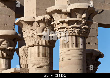 Colonna tops in chiosco dell'imperatore Traiano,Tempio di Iside a Philae, Aglika Island Aswan Alto Egitto Foto Stock