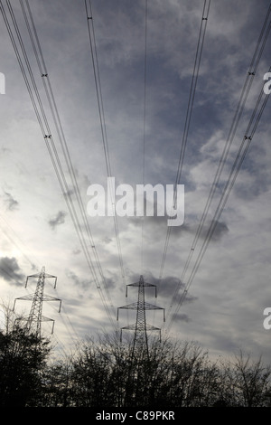 Di energia elettrica ad alta tensione cavi e tralicci vicino a Sizewell centrale nucleare, nel Suffolk REGNO UNITO Foto Stock