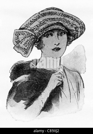 Illustrazione Moda circa 1922. Hat con linee di monchon grigio e grigio ciniglia. Foto Stock