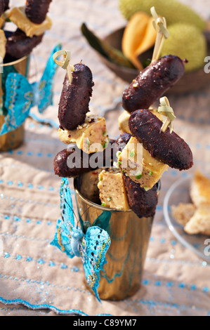 Mini Creole salsicce di sangue e foie gras kebab Foto Stock