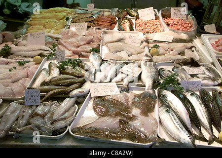 La mattina presto la visualizzazione di pesce al Sid pescivendoli in Brighton mercato aperto Foto Stock