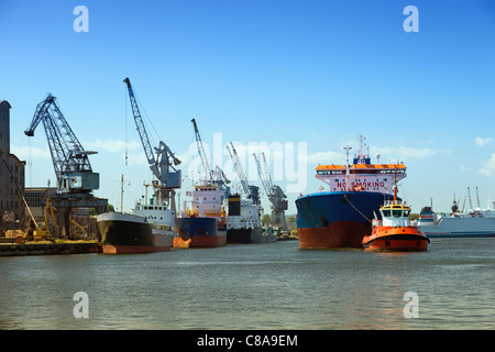 Una grande nave da carico entra nel porto scortato da rimorchiatori. Gdansk, Polonia. Foto Stock