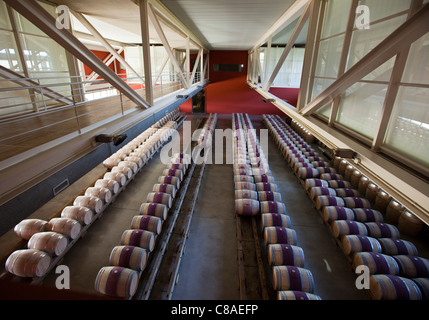 Barriques di rovere di vino rosso nelle cantine di Bodega Roda in Haro La Rioja Spagna 110632 Spagna Foto Stock