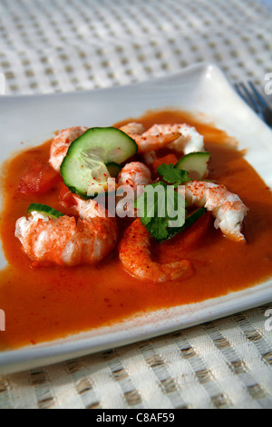 Gaspacho con la baia di Dublino gamberi Foto Stock