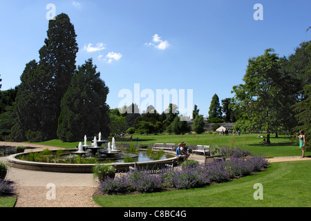 Fontana nel prato principale di Cambridge University Botanic Garden Foto Stock