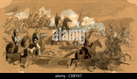 Una carica di cavalleria negli Stati Uniti durante la Guerra Civile - disegno su carta marrone, tra 1861 e 1865 Foto Stock