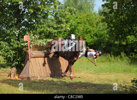 Cavaliere a cavallo che sta per cadere da un cavallo durante il salto di prova Foto Stock