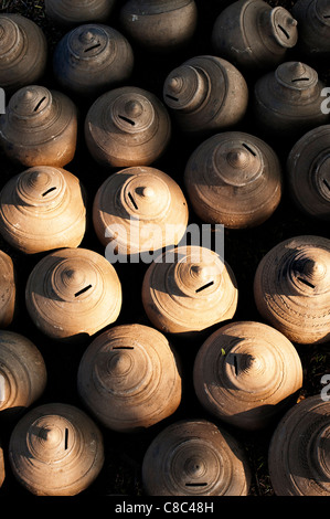 Indian denaro pentole di terracotta di essiccazione al sole. Puttaparthi, Andhra Pradesh, India Foto Stock