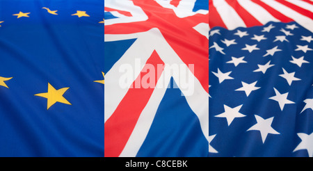 Dettaglio della Setosa Bandiere nazionali degli Stati Uniti d'America, Gran Bretagna e Unione europea Foto Stock