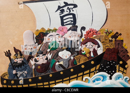 Giappone, Tokyo, Asakusa, pubblicità immagine raffigurante i sette fortunati dèi Foto Stock