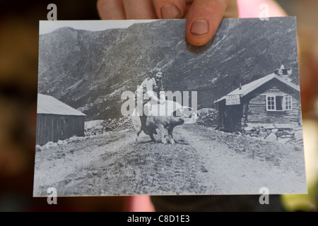 Vecchio bianco e nero cartolina con villaggio e donna su big pig. Mano che tiene la cartolina. Foto Stock