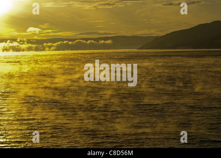 Le nebbie che salgono dal fiordo norvegese illuminata dal tramonto. Foto Stock