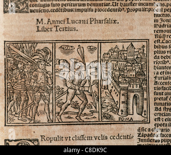 Lucan (39-65). Poeta latino. Pharsalia. Dettaglio del libro III. Stampato in 1519. Foto Stock