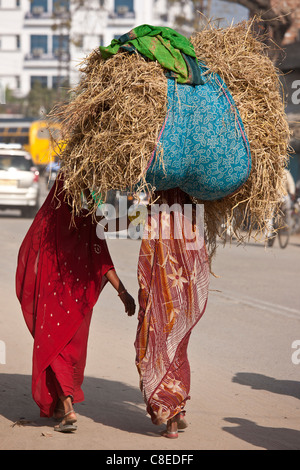 Le donne indiane a piedi in strada, uno portante delle balle di paglia sulla testa, in Nandi vicino a Varanasi, Benares, India settentrionale Foto Stock
