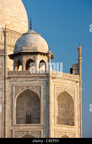Iwans del Taj Mahal mausoleo, western visualizza dettagli diamond faccette con bassorilievo in marmo, Uttar Pradesh, India Foto Stock