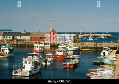 Una vista del porto di Rockport e l'edificio rosso sapere come Motif numero uno, Rockport, Massachussetts, New England, STATI UNITI D'AMERICA Foto Stock