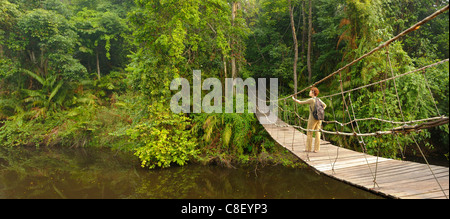 Ponte di sospensione e primitivo, donna, Creek, Khao Yai, parco nazionale, patrimonio mondiale, sito, Thailandia, Asia, Fiume Foto Stock