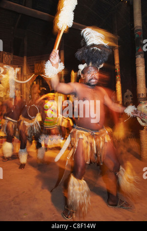 Ballerini di eseguire la tradizionale danza Zulu Shakaland,, di Eshowe, Zululand, KwaZulu-Natal, Sud Africa Foto Stock