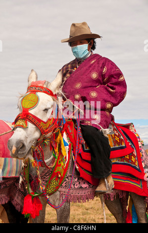 Cavallo cavaliere a colorfuly vestito cavallo nella steppa del Tibet occidentale, Cina Foto Stock