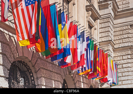 Lotto di diverse bandiere del nuovo castello, parte del Palazzo di Hofburg a Vienna, in Austria, Europa Foto Stock