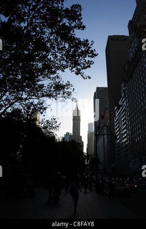 La mattina presto il cielo blu silhouette ritratto edifici alberi marciapiede persone Sherry-Netherland Hotel Central Park South, New York Foto Stock