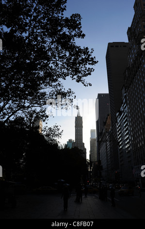 La mattina presto il cielo blu silhouette verticale, verso Sherry-Netherland Hotel, alberi persone edifici, Central Park South, New York Foto Stock