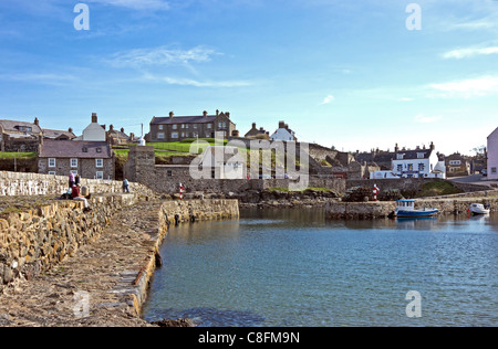 Vista lungo la parete esterna (frangiflutti del porto vecchio di Dinnet Scozia verso oriente e lo Shore Inn a destra. Foto Stock
