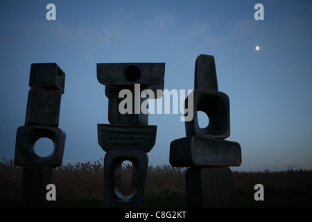 Scultura in bronzo di Barbara Hepworth Fotografato di notte contro i canneti, con luna visibile, Snape Maltings, Suffolk, Regno Unito Foto Stock