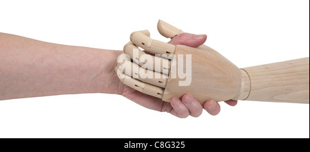 Accordi impersonale mostrato da un accordo handshake con una figura di legno che non è umana - percorso incluso Foto Stock