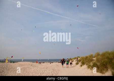 Aquiloni sulla spiaggia affollata di Warnemuende sul Mar Baltico, Rostock, Meclemburgo-Pomerania Occidentale, Germania, Europa Foto Stock