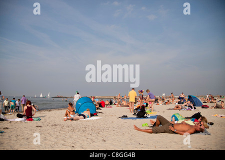 La spiaggia affollata di Warnemuende sul Mar Baltico, Rostock, Meclemburgo-Pomerania Occidentale, Germania, Europa Foto Stock