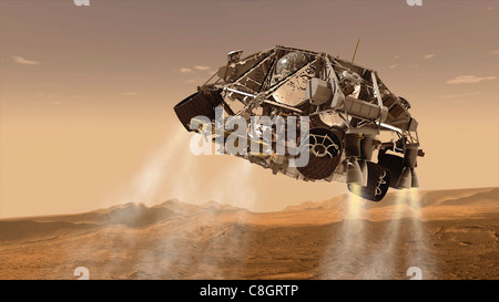 Il concetto dell'artista del Mars Science Laboratory della NASA mostra il rover Curiosity e la fase di discesa che si avvicinano alla superficie marziana, mettendo in evidenza il design del rover, gli strumenti scientifici e la pianificazione delle missioni per l'esplorazione della superficie. Foto Stock