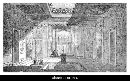 Parete dipinta corte pompeiani Pompei architettura interior Mansion fontana a colonna romano antico palazzo Vesuvio tende oscuranti Foto Stock