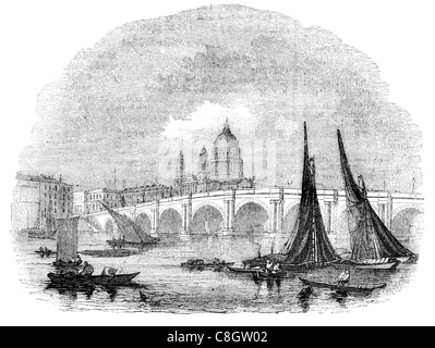 1842 Blackfriars Bridge piedi traffico Fiume Tamigi Londra A201 road pietra di Portland riparazioni estese Foto Stock