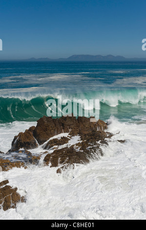 La frantumazione delle onde sui massi lungo il percorso 44 Table Mountain in background in Sud Africa Foto Stock