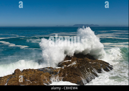 La frantumazione delle onde sui massi lungo il percorso 44 Table Mountain in background in Sud Africa Foto Stock