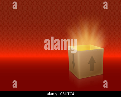 Scatola con coperchio di rivelare qualcosa di molto luminoso su uno sfondo rosso Foto Stock