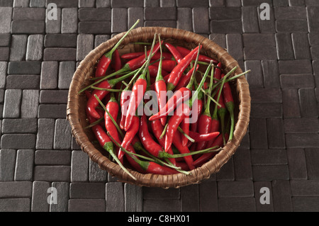 Peperoncino rosso su nero piastrelle in legno Foto Stock