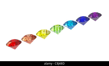 Sette diamanti in colori del arcobaleno 3D render isolato su bianco Foto Stock