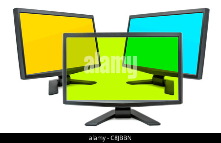 Tre monitor con schermi di diversi colori Foto Stock