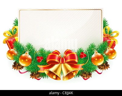 Natale cornice decorativa con rami di sempreverdi,arco rosso, nastri e campanelli d'oro Foto Stock