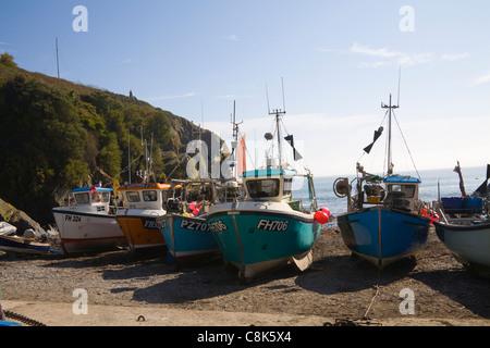 Cadgwith Cornwall Inghilterra barche da pesca tirata sulla spiaggia nella baia riparata Foto Stock