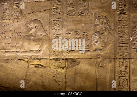 Dettaglio del lavoro di soccorso che mostra le offerte per gli dèi presso il Tempio di Horus Edfu Alto Egitto Foto Stock