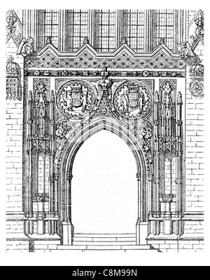 Porta Cappella del King's College University di Cambridge navata gotica il presbiterio della chiesa medievale di fine Foto Stock