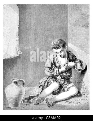 Giovane mendicante Bartolomé Esteban Murillo 1617 1682 spagnolo pittore barocco bambini bambino accattonaggio mendicare implorò povero contadino lonely Foto Stock