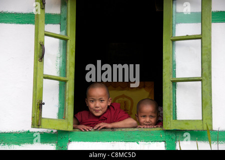 Due giovani monaci nella finestra Ling Bon Monastero Sikkim India Foto Stock
